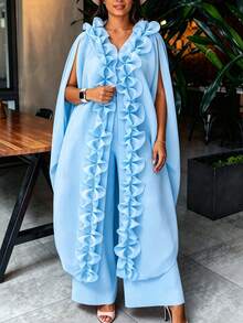 AOMEI 女款優雅淺藍色寬鬆透視和服風洋裝，附荷葉邊、前開襟與抽繩設計，婚禮賓客派對洋裝 - 淺藍色 - 查看 8