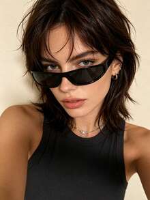 1pc European & American Y2K Small Frame Futuristic Narrow Frame Fashion Glasses, Personalized Glasses For Women - Bright Black Frame Gray Film - View 4