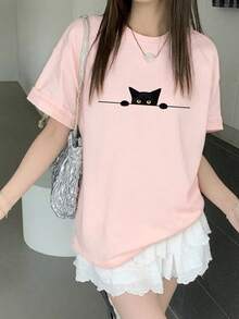 新款夏季 Y2K 女款貓咪印花圖案百搭休閒圓領短袖 T 恤 粉色 - 粉色 - 查看 4