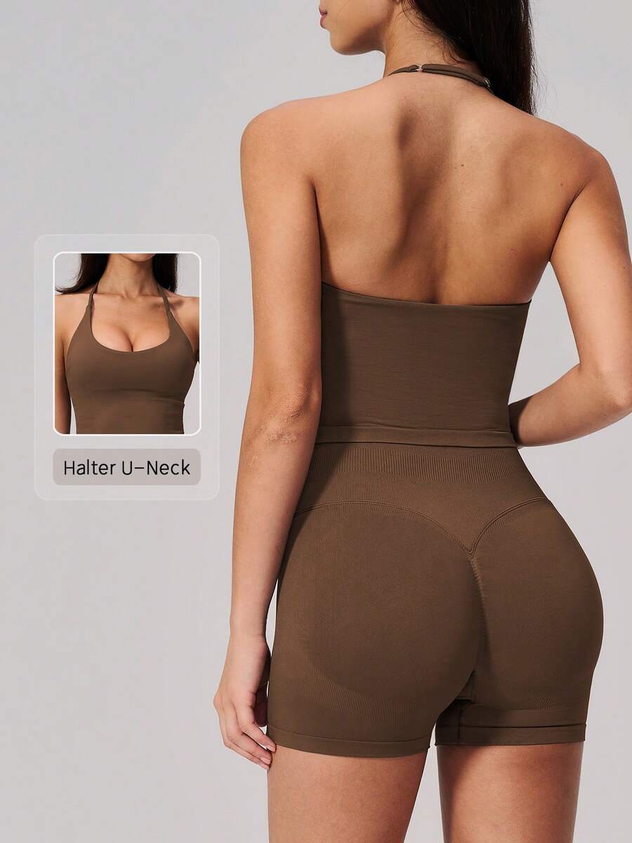 NcmRyu Women's One Set Solid Color Halter Neck Backless Tank Top Wide Ribbed High Waist Tight Shorts Sports Outfit - Brown - View 1