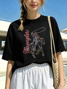Women's Western Style Denim T-Shirt, Made Of Soft Cotton, Casual, Comfortable, Durable And With An Eye-Catching Print. - Black - View 1