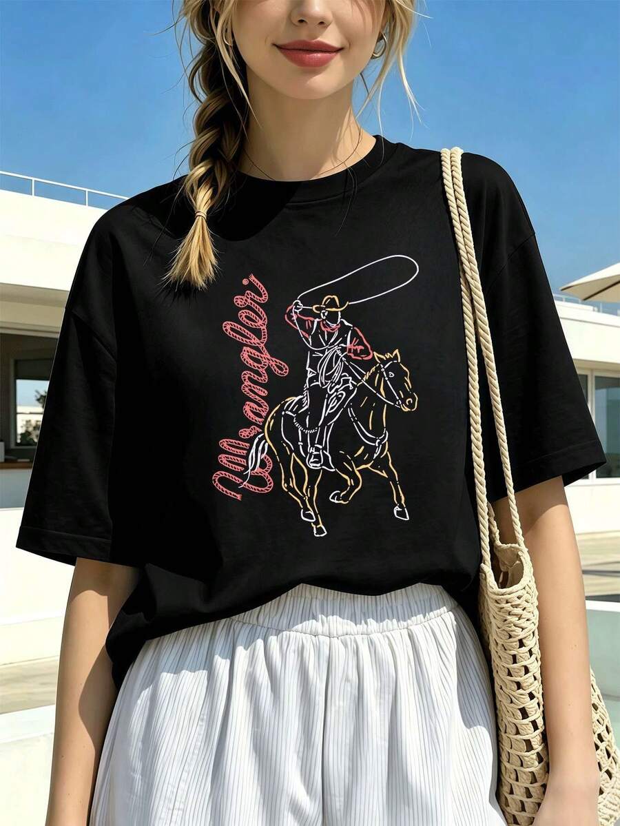 Women's Western Style Denim T-Shirt, Made Of Soft Cotton, Casual, Comfortable, Durable And With An Eye-Catching Print. - Black - View 1