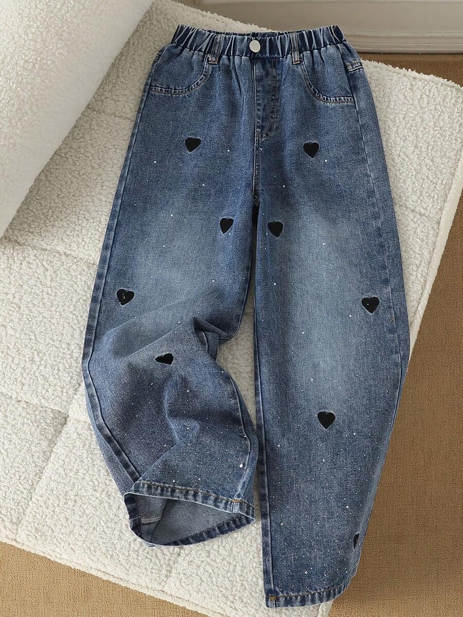 Tween Girls Blue Denim Jeans Fashion Heart Embroidery Rhinestone Craft Casual Loose Wide Leg Pants Suitable For Spring Summer Autumn Winter School Daily Outings - Blue - View 1