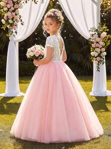 Tween Girl Colorblock Lace Contrast Mesh Backless Short Sleeve Dress Flower Girl Wedding Party Evening Gown - Pink - View 4