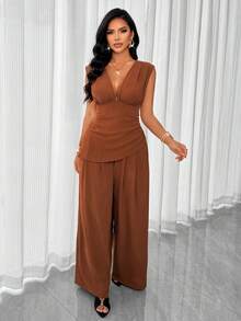 Elegant Women's Deep V Neck Ruched Bust Two Pieces Jumpsuit, Zipper Detail, Non-Stretch For Fall - Reddish Brown - View 4