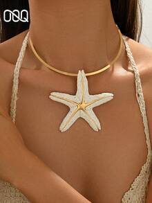 OOQ 1pc Exaggerated Handwoven Starfish Pendant Necklace, Gold Metal Women's Fashion Necklace, Suitable For Beach, Party, Daily Wear (Handmade Raffia Weaving, Random Shape) - White - View 1