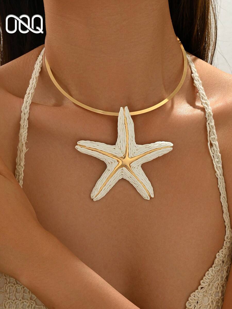 OOQ 1pc Exaggerated Handwoven Starfish Pendant Necklace, Gold Metal Women's Fashion Necklace, Suitable For Beach, Party, Daily Wear (Handmade Raffia Weaving, Random Shape) - White - View 1