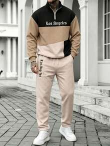 Men's Fashion Los Angeles Colorblock Half-Zip Stand Collar Sweatshirt And Drawstring Waist Pants Set - Multicolor - View 3