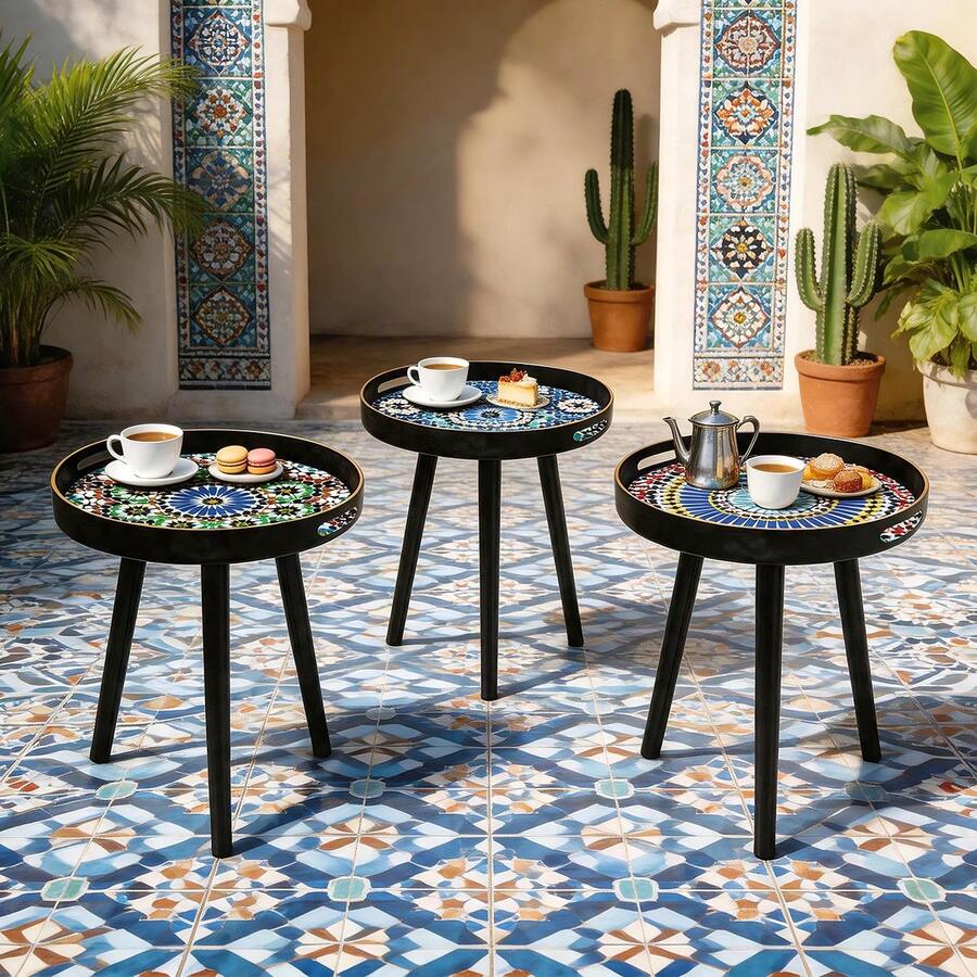 Round Side Table With Tray Top,Coffee-Tea-Snack Versatile Outdoor Tray Table,Mobile Side Table For Patio,Sofa,Bathroom,Gardening,Bedside Storage Organizer,Tea Side Table For Sofa, Bedside Table,Home Decor - Black - View 1