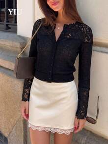 YIU LUMOS Women's Black Lace Button Front Crop Cardigan, V Neck Long Sleeve Eyelet, Feminine Romantic French Top For Fall Winter - Black - View 7