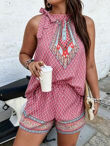 Plus Size Full Print Side Knot Halter Top & Shorts - Multicolor - View 2
