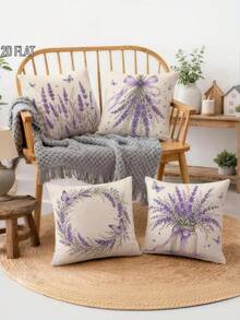 2D Plano 4 Peças Capas de Almofada Floral Lavanda Borboleta Violeta Creme Rústico Decorativo Impressão Unilateral para Sala de Estar Quarto Sofá Cama Decoração Sem Enchimento de Almofada - Lavanda - Visão 5