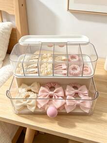 1pc Cream White With Pink Bow Decor Double Layer With Lid Dust-Proof Compartment Transparent Hair Accessory Storage Box - Multicolor - View 7