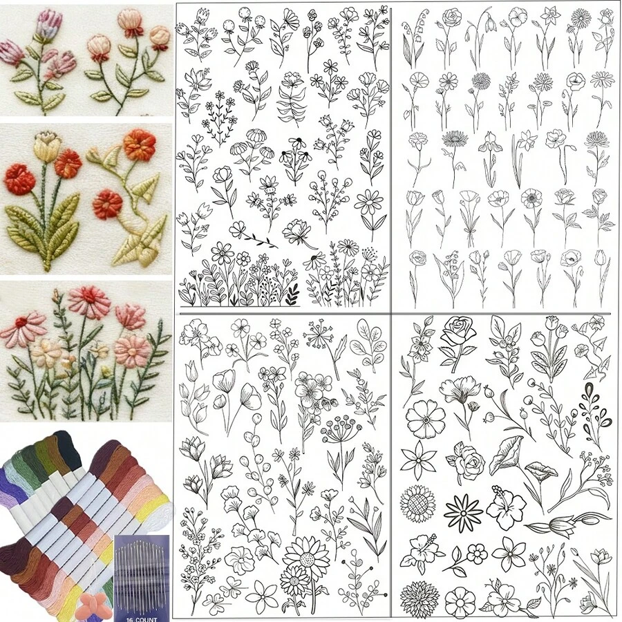 Floral Plant Water-Soluble Embroidery Pattern, Dissolvable Non-Woven Fabric Pre-Printed Embroidery Sticker, Self-Adhesive Non-Woven Fabric Pre-Printed Embroidery Pattern - Black and White - View 1