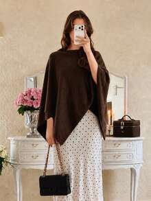Damen Herbst/Winter minimalistisches bequemes Cape Top, elegantes hochwertiges lockeres Strick Cape, geeignet für Schulanfang, Büro Alltagskleidung Braun Herbst - Braun - Übersicht 8