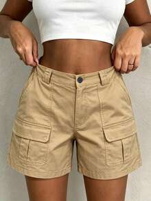 Women's Solid Color Casual Versatile Multi-Pocket Cargo Shorts Summer - Khaki - View 1