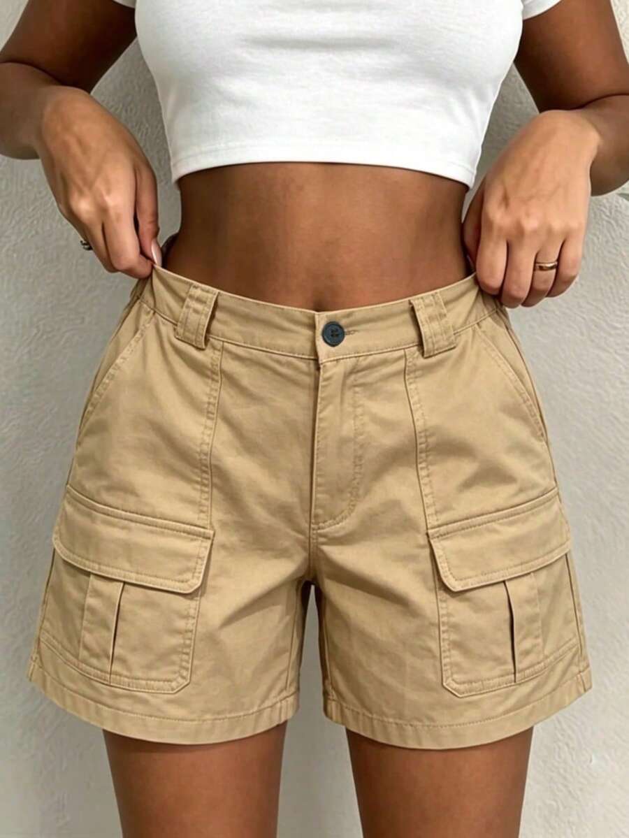 Women's Solid Color Casual Versatile Multi-Pocket Cargo Shorts Summer - Khaki - View 1