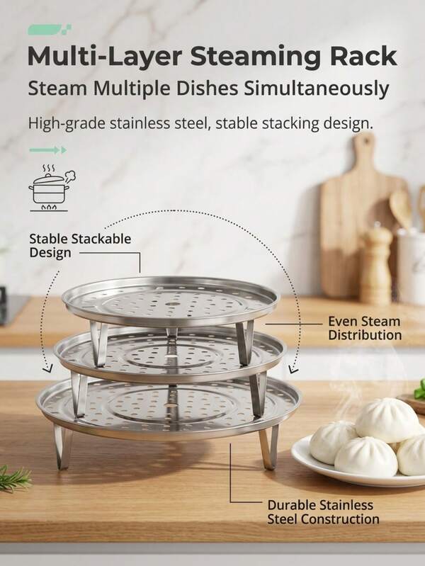 Stackable Steamer Tray Set, Stainless Steel Material, Elevated Legs, Multi-Layer, Sturdy And Durable, Reusable, Steaming And Cooking, Steamer Basket, Suitable For Steaming, Blanching, Cooling, Ideal For Home, Restaurant, RV, Camping, Popular Kitchen Accessory