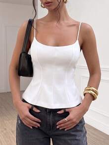 Women's Summer Casual Daily Commute Minimalist Versatile Solid Color Cinched Waist Ruffle Hem Camisole Tank Top - White - View 3