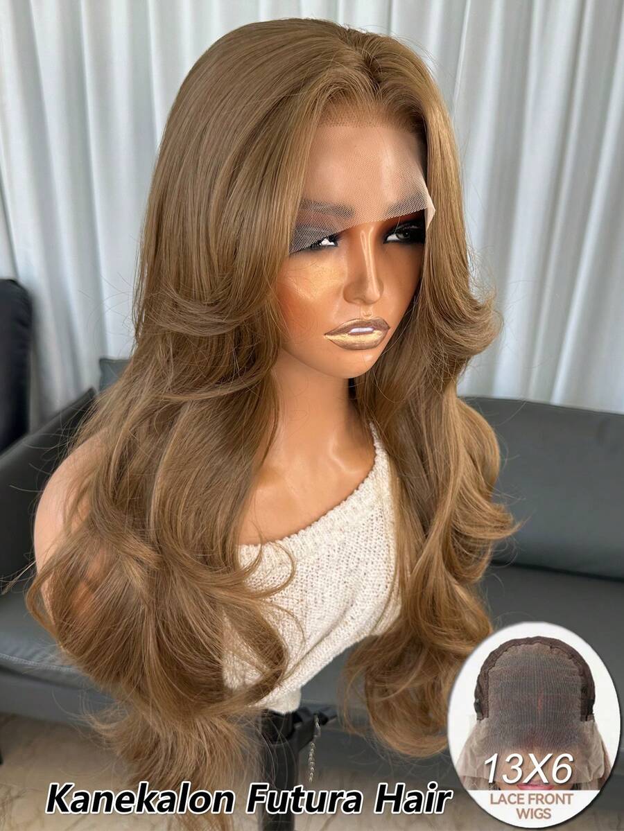 Peluca de encaje frontal de estilo japonés Kanekalon Futura de 13*6 en color marrón sintético para mujeres, cabello ondulado y rizado de 24 pulgadas de largo, sin pegamento, fibra sintética duradera Kanekalon, raya al medio, densidad del 150%, línea de cabello natural, de moda y versátil, adecuada para damas - Marrón - Ver 1