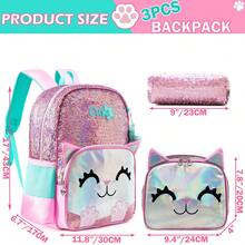 3pcs/Set Girls Cute Iridescent Cat Sequin Backpack Set, Cartoon Cat School Bag With Crossbody Bag And Pencil Case - Girls Backpack - View 3