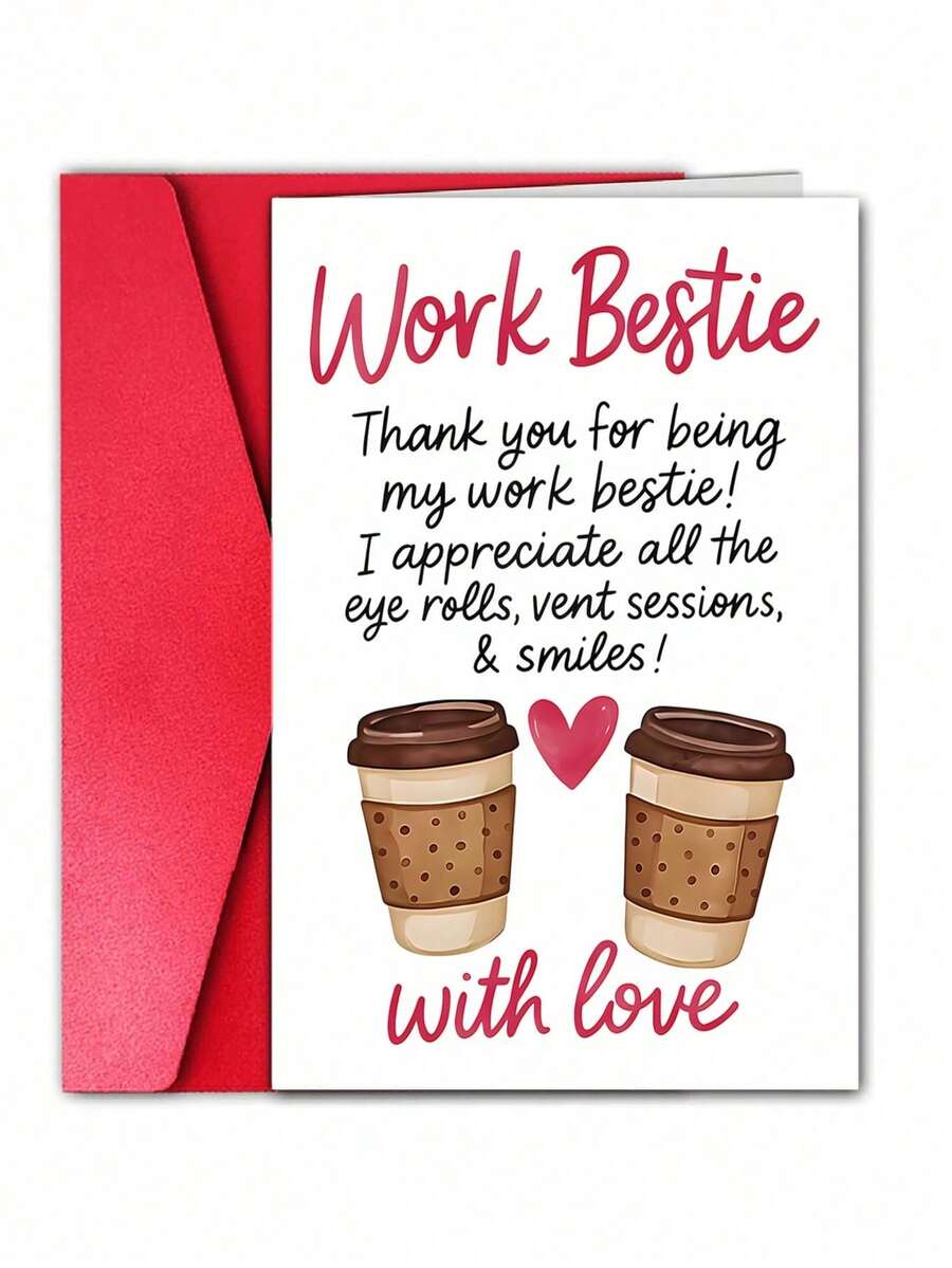 1 pieza Tarjeta de Agradecimiento y Cumpleaños "Work Bestie" con Sobre, Tarjeta de Aprecio para Colega con Diseño de Café, Regalo de Oficina Humorístico, Interior en Blanco - Multicolor - Ver 1