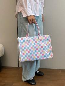 新款女款托特包，透明尼龍布料雙層加厚材質，時尚配色拼接格紋印花，適合購物、旅行、海灘，購物袋 - 彩色 - 查看 8