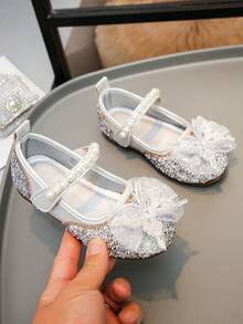 Sweet & Cute Pearl Design Princess Shoes For Little Girls, Bowknot Rhinestone Shoes, Spring/Summer Casual & Travel Kids Shoes - Silver - View 1