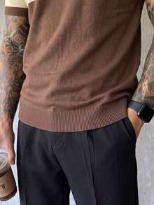 Men's Colorblock Crew Neck Short Sleeve Casual Knit Top - Coffee Brown - View 4