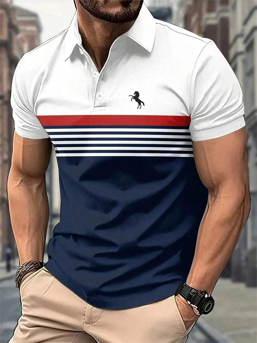 Men's Colorblock Striped Horse Embroidery Short Sleeve Casual Polo Shirt - Multicolor - View 1