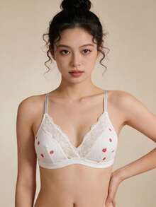 1pc Women's Cute Printed Lace Patchwork Wireless Unpadded Comfortable Triangle Cup Bra - White - View 1