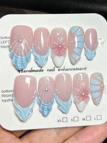 10 piezas de uñas postizas de estilo francés con textura de concha azul, forma de almendra, arte de uñas 3D tallado, degradado con adornos de perlas, estilo Y2K para chicas, base rosa nude, simples y versátiles, de alta gama, adecuadas para uso diario de chicas, puntas de uñas postizas - Celeste - Ver 1
