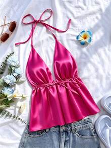 1pc Spring/Summer New Solid Color Sleeveless Spaghetti Strap Strap Tank Top For Daily Wear, Party And Vacation, All Seasons - Hot Pink - View 2