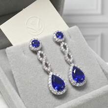 1 Pair Elegant Royal Blue Teardrop Halo Dangle Stud Earrings, Sparkling Cubic Zirconia Long Dangle Earrings, Elegant Bridal Wedding Evening Party Accessories, Suitable For Luxury Weddings, Evening Parties, Balls, Perfect Gift For Her, Ideal Jewelry Gift For Women - Silver - View 4