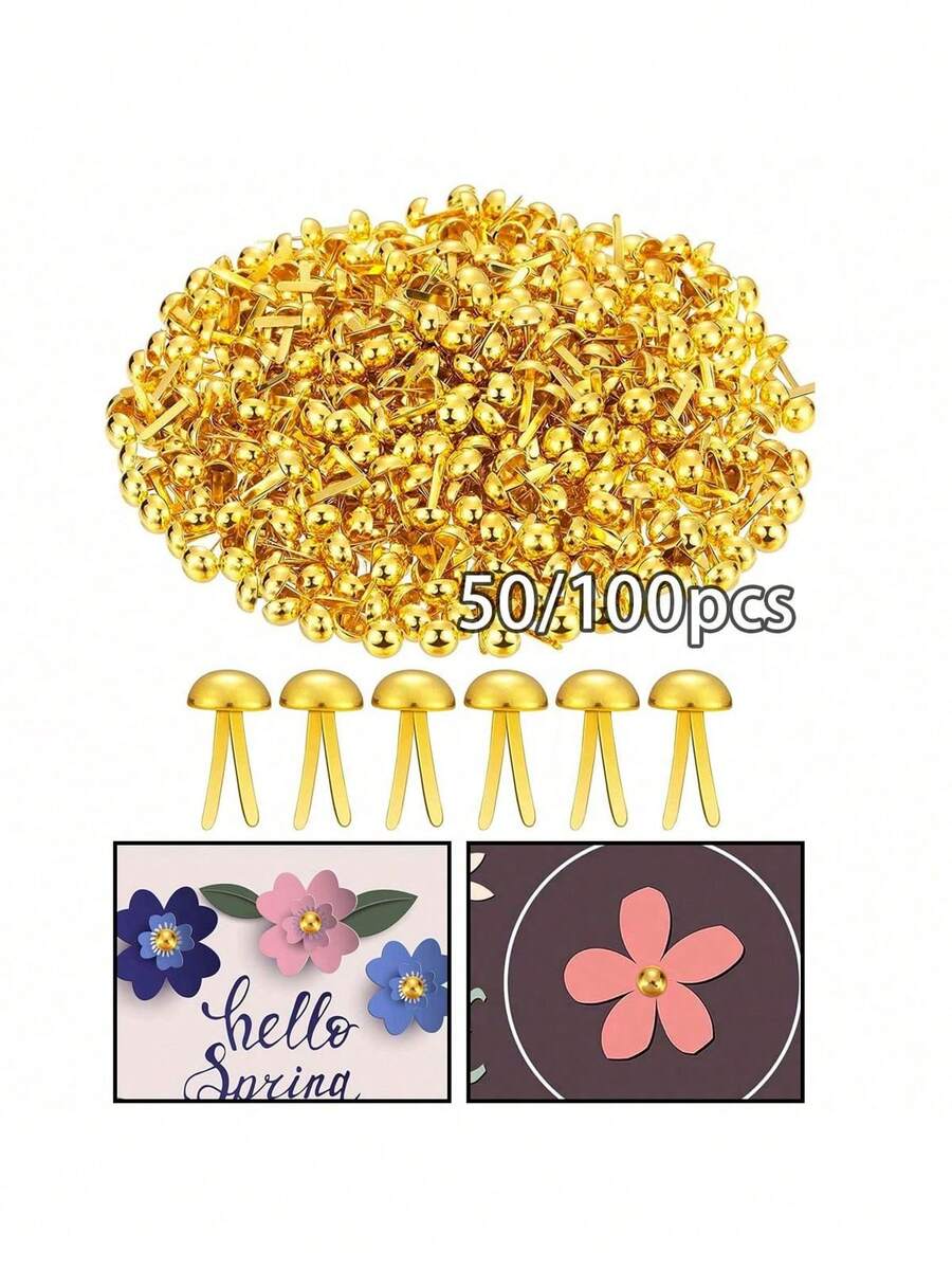 200/100/50pcs Gold Round Fasteners, Mini Metal Rivets, Buckles, Suitable For Handmade Crafts, Art Creation, Scrapbook Decoration, School DIY Supplies - Gold - View 1