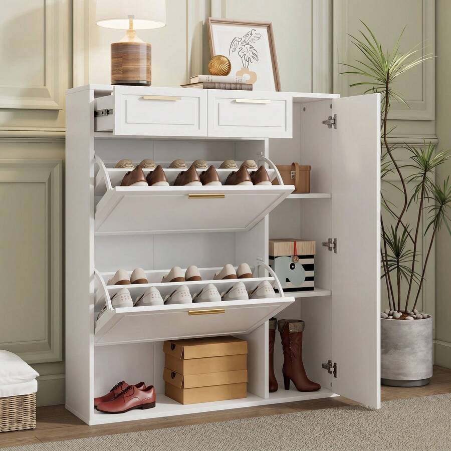Modern Shoe Cabinet, White With Adjustable Shelves - White - View 1