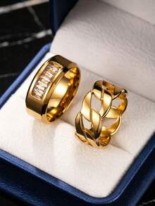 2pcs Fashion Stainless Steel Gold Couple Rings With 8mm Rhinestone Twisted , Suitable For Men And Women Daily Wear, Holiday, Date, Engagement, Wedding Gift Jewelry (With Box) - Gold - View 5
