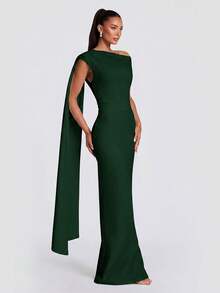 Solid Color Elegant Ruffle Zipper Pleated Dress For Beach - Dark Green - View 2