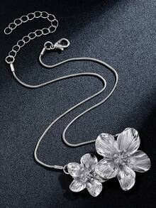 1pc Fashionable Vintage High-End Luxury Style 3D Flower Double Pendant Adjustable Chain Necklace, Kids Version - Silver - View 3