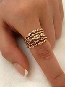1 pieza Anillo exquisito de tono dorado multicapa, incrustado con circonita cúbica de corte redondo y rectangular, con detalle de cadena de cuentas, anillo personalizado para fiestas y uso diario - Multicolor - Ver 2