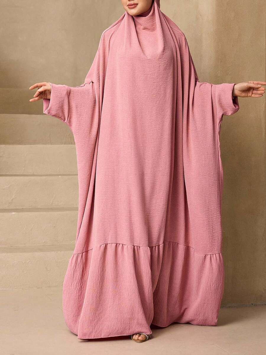 1pc Minimalist Fashion Versatile Solid Color Ice Silk Crinkled Oversized Hooded Loose Long Robe Women's Elegant Soft Abaya Sun Protection Muslim Clothing Shawl - Pink - View 1