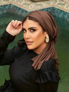 1pc Solid Color Women's Middle Eastern Arabic Classic Fashion Elegant Casual Versatile Ribbon Hijab Cap Wide Brim Curved Hat Swimming Sports Headscarf Hijab Hat Turban Cap Suitable For Daily Outdoor Wear - Coffee Brown - View 5