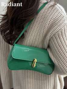 Bolso de mano y de hombro para mujer, unicolor, hebilla dorada, estilo vintage clásico, adecuado para uso diario, fiestas y trabajo - Verde - Ver 3