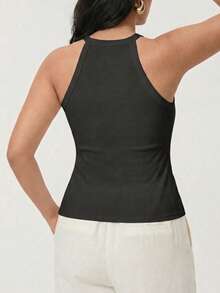Plus Size Rib-Knit Halter Neck Tank Top With Built-In Bra, Sexy Seamless Wireless Cami, Sleeveless Summer Crop Top - Black - View 3