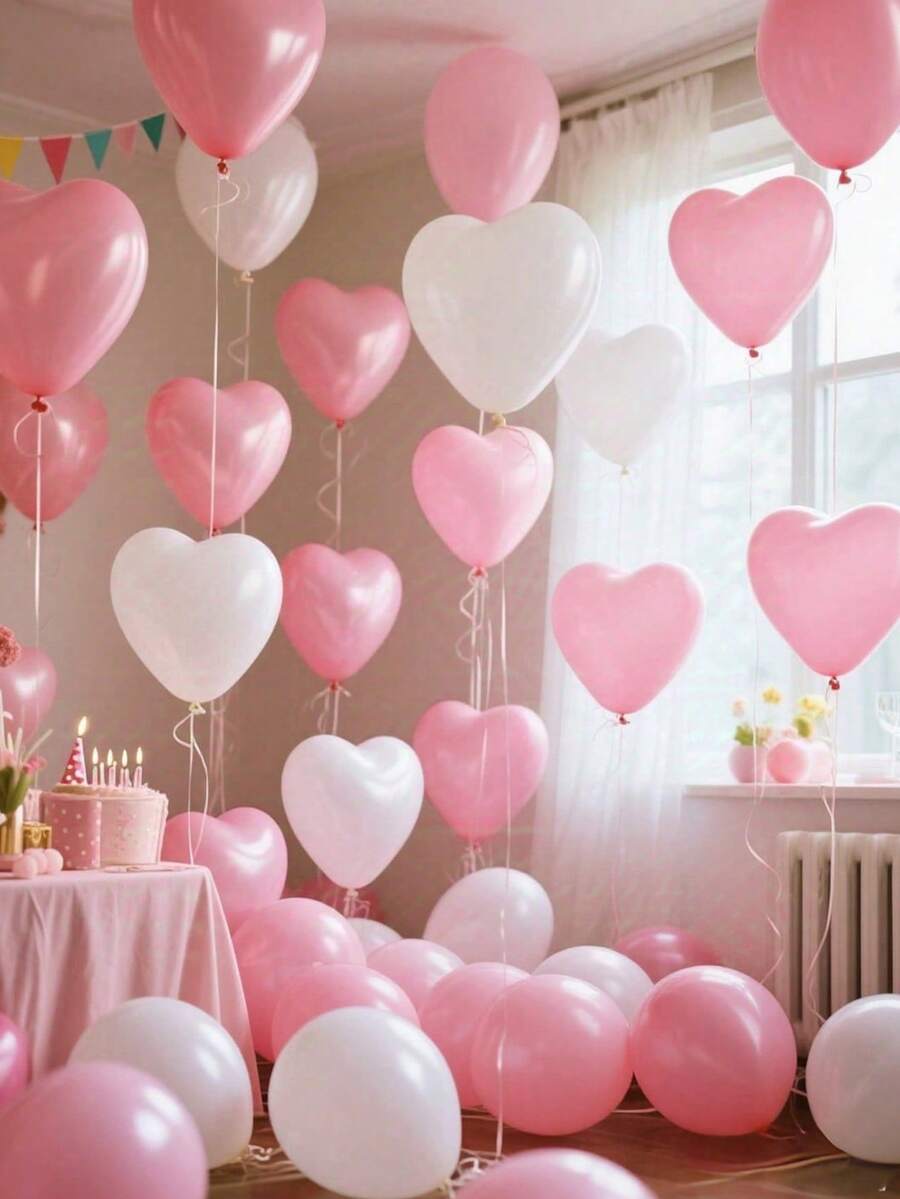 200pcs/100pcs/50pcs/30pcs/20pcs/10pcs/1pc Pink & White 10 Inch Heart-Shaped Latex Balloons With White Ribbon, Suitable For Birthday Party Decoration, Confession, Proposal Scene Arrangement
