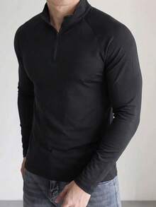 Men's Black Half-Zip T-Shirt, Raglan Sleeve, Autumn/Winter Layering, Commute Casual, 1/4 Zip Stand Collar, Solid Color Base Layer - Black - View 2