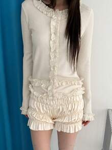 Women's Solid Color Casual Frill Trim Long Sleeve Cardigan Fall - Off White - View 5