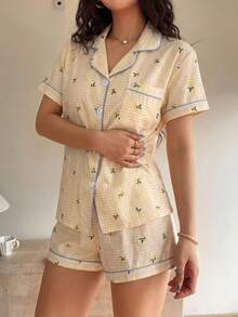2件組女款舒適格紋與檸檬印花短袖領口上衣與蝴蝶結短褲睡衣套裝，春夏款 - 黃色 - 查看 4