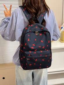 1件大容量時尚女款經典學生後背包，多口袋百搭通勤包 - 黑色 - 查看 5