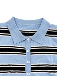 Yepolly-Pop Women's Autumn Polo Collar Long Sleeve Button Front Striped Knit Top, Slim Fit Light Blue, Vintage Casual School Business Outfit - Multicolor - View 9
